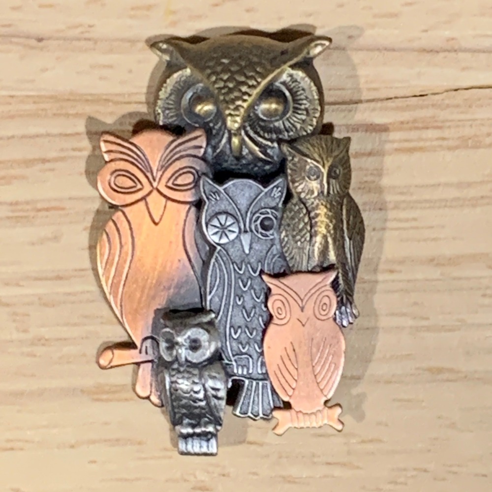 K&T Owl Brooch Pin Womens OS Mixed Metal Multi Owl Cluster Vintage Bird Jewelry